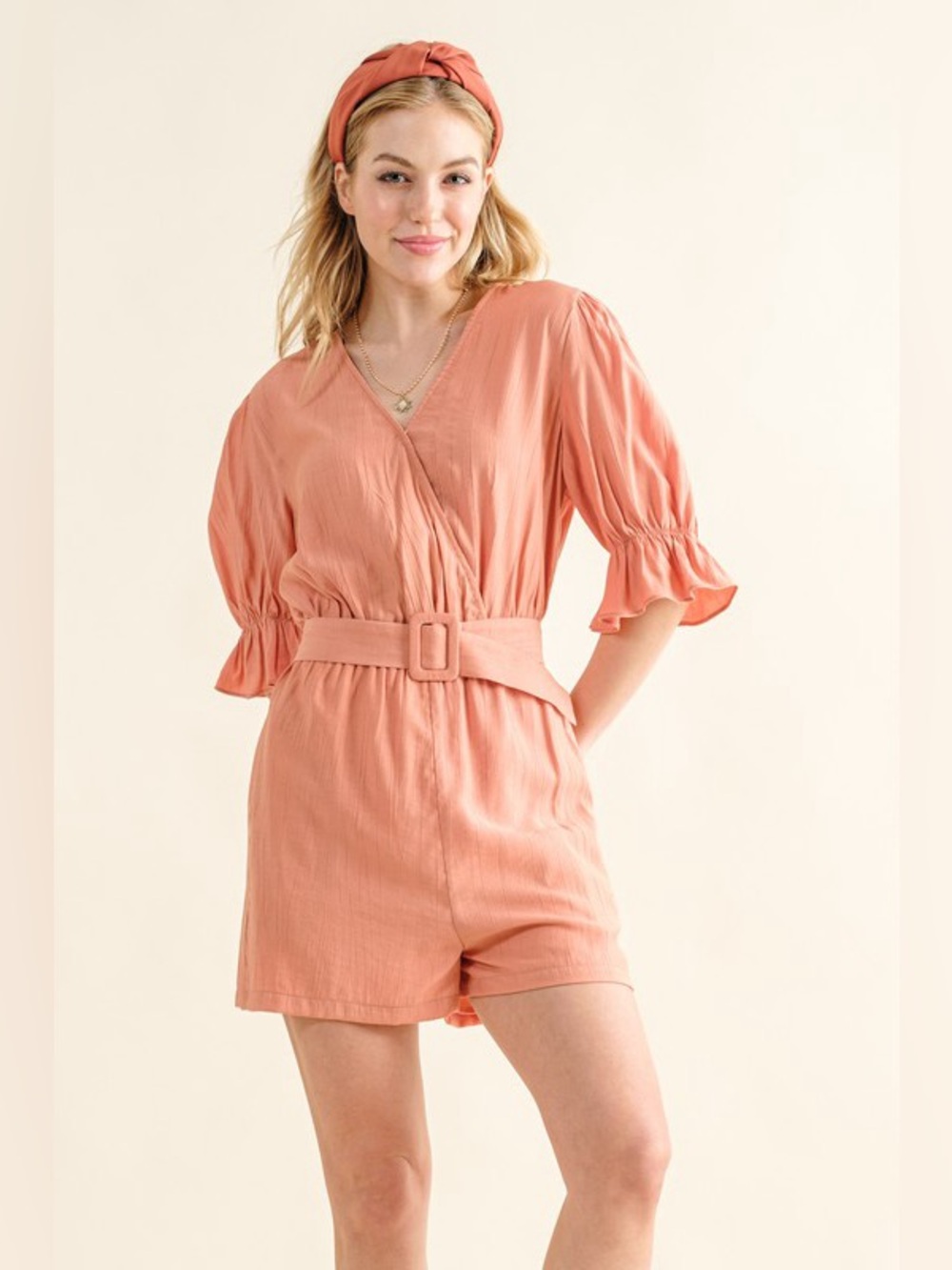 And The Why Flounce Sleeves Romper with Belt